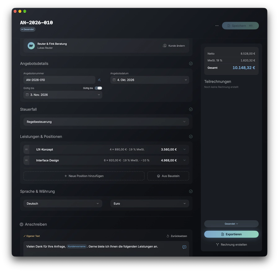 Ein Angebot im Editor von Qwit auf dem Mac mit Positionen, Rabatt und Gültigkeitsdatum