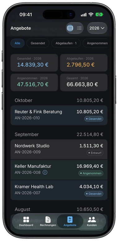 Angebotsliste mit Status und offenen Beträgen auf dem iPhone