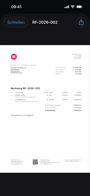 Die fertige Rechnung auf dem iPhone – ansehen und als PDF oder E-Rechnung weitergeben. (ohne Geräterahmen)