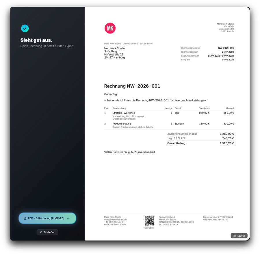 Export-Dialog in Qwit mit PDF und E-Rechnung