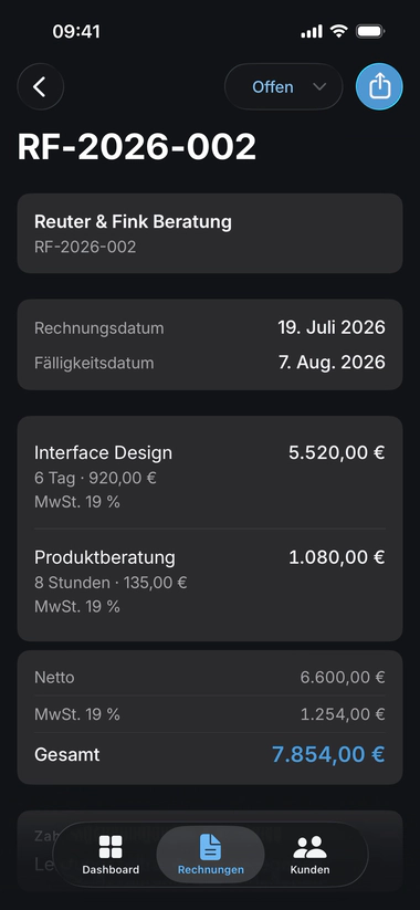 Einzelne Rechnung auf dem iPhone: ansehen, Zahlungsstatus ändern, teilen. (ohne Geräterahmen)
