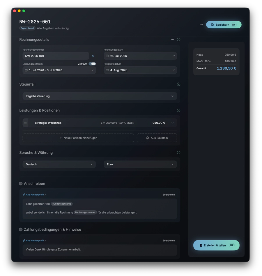 Leistungs- und Textbausteine in Qwit auf dem Mac