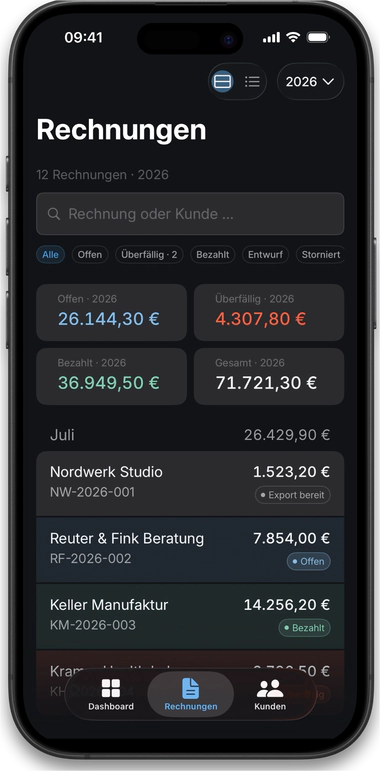 Rechnungsliste mit Zahlungsstatus auf dem iPhone